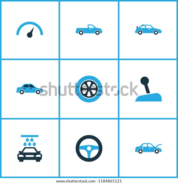 Auto icons colored set with drive control, stick,\
crossover and other speedometer elements. Isolated vector\
illustration auto icons.