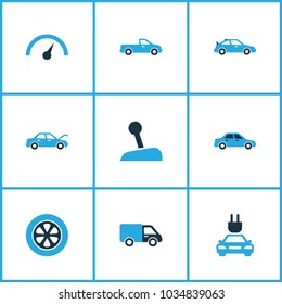 Auto icons colored set with plug, chronometer, automobile and other gear lever elements. Isolated vector illustration auto icons.