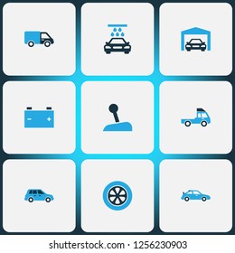 Auto icons colored set with stick, crossover, truck and other gear lever elements. Isolated vector illustration auto icons.