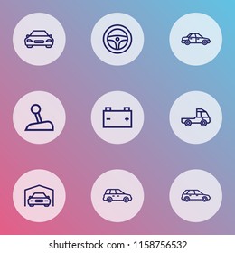Auto icons line style set with garage, battery, gear level and other truck  elements. Isolated vector illustration auto icons.