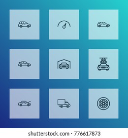 Auto icons line style set with hatchback, lorry, crossover and other shed elements. Isolated vector illustration auto icons.
