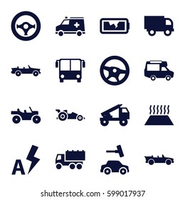 auto icons set. Set of 16 auto filled icons such as airport bus, car wash, truck, van, ambulance, cabriolet, broken battery, auto flash, heating system in car, steering wheel