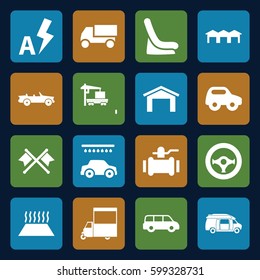 auto icons set. Set of 16 auto filled icons such as garage, toy car, baby seat in car, car wash, truck, pump, van, auto flash, steering wheel