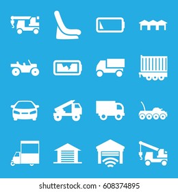 Auto icons set. set of 16 auto filled icons such as baby seat in car, car, truck, truck with hook, van, cargo trailer, low battery, broken battery, garage