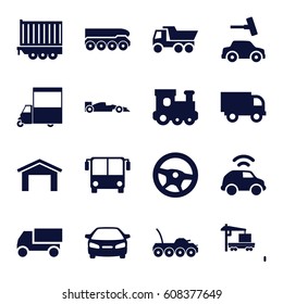 Auto icons set. set of 16 auto filled icons such as airport bus, garage, train toy, car wash, car, truck, van, cargo truck, cargo trailer, weapon truck
