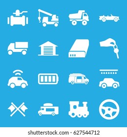 Auto icons set. set of 16 auto filled icons such as train toy, toy car, car wash, truck, truck with hook, pump, van, battery, ful battery, garage, hand with key, car
