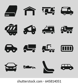 Auto icons set. set of 16 auto filled icons such as garage, toy car, baby seat in car, car, truck, truck with hook, van, ambulance, battery, ful battery