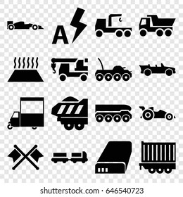 Auto icons set. set of 16 auto filled icons such as truck with luggage, truck, van, cargo trailer, cabriolet, battery, auto flash, heating system in car, sport car