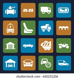 Auto icons set. set of 16 auto filled icons such as truck with luggage, toy car, baby seat in car, car, pump, van, ambulance, broken battery, garage, weapon truck