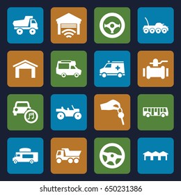 Auto icons set. set of 16 auto filled icons such as airport bus, garage, toy car, truck, pump, van, ambulance, car music, hand with key, steering wheel, weapon truck