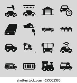 Auto icons set. set of 16 auto filled icons such as airport bus, toy car, train toy, car wash, van, cargo truck, battery, full battery, garage