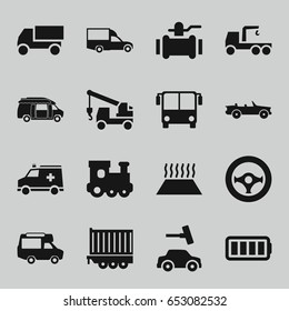 Auto icons set. set of 16 auto filled icons such as airport bus, train toy, car wash, truck, truck with hook, pump, van, cargo trailer, ambulance, ful battery