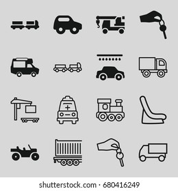 Auto icons set. set of 16 auto filled and outline icons such as truck with luggage, toy car, car wash, truck with hook, van, hand with key, train toy, baby seat in car