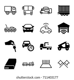 Auto icons set. set of 16 auto filled and outline icons such as car, truck with hook, cargo trailer, car music, battery, hand with key, garage, truck rocket, airport bus, van