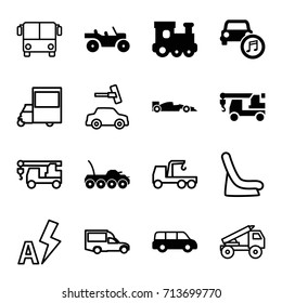 Auto icons set. set of 16 auto filled and outline icons such as train toy, truck with hook, car music, sport car, weapon truck, airport bus, van, auto flash