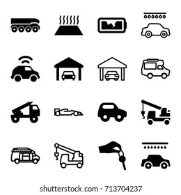 Auto icons set. set of 16 auto filled and outline icons such as toy car, car wash, truck with hook, broken battery, garage, hand with key, truck rocket, weapon truck