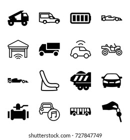 Auto icons set. set of 16 auto filled and outline icons such as airport bus, car, truck, pump, cargo trailer, ful battery, hand with key, sport car, truck rocket, van, garage