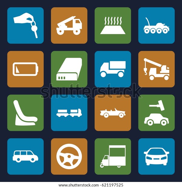 Auto icons set. set of 16 auto filled icons such\
as truck with luggage, baby seat in car, car wash, truck, van,\
battery, low battery, hand with\
key