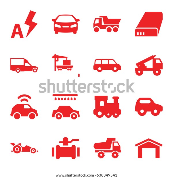 Auto icons set. set of 16 auto filled icons\
such as garage, toy car, train toy, car wash, car, truck, pump,\
van, cargo truck, battery, auto\
flash