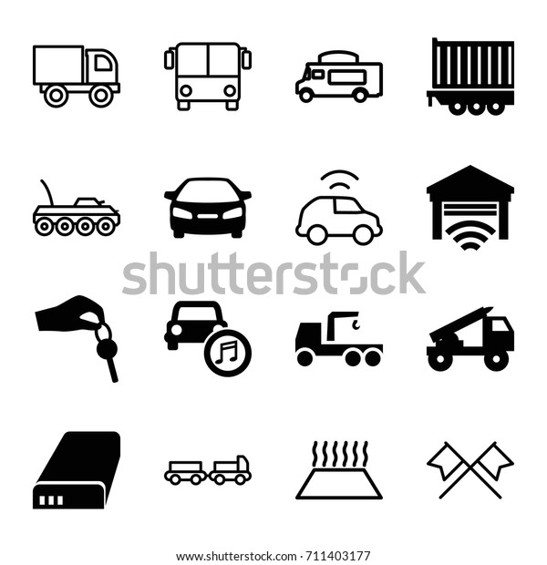 Auto icons set.\
set of 16 auto filled and outline icons such as car, truck with\
hook, cargo trailer, car music, battery, hand with key, garage,\
truck rocket, airport bus,\
van