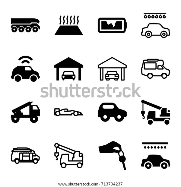 Auto icons set. set of 16 auto\
filled and outline icons such as toy car, car wash, truck with\
hook, broken battery, garage, hand with key, truck rocket, weapon\
truck