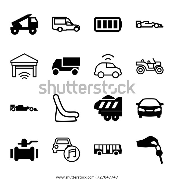 Auto icons set. set\
of 16 auto filled and outline icons such as airport bus, car,\
truck, pump, cargo trailer, ful battery, hand with key, sport car,\
truck rocket, van, garage