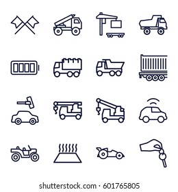 auto icons set. Set of 16 auto outline icons such as toy car, car wash, truck, truck with hook, cargo trailer, ful battery, hand with key