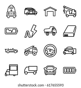 Auto icons set. set of 16 auto outline icons such as garage, toy car, car, truck, truck with hook, van, ambulance, cabriolet, battery, ful battery, broken battery, auto flash