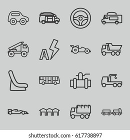 Auto icons set. set of 16 auto outline icons such as airport bus, truck with luggage, toy car, baby seat in car, truck, pump, van, auto flash, garage