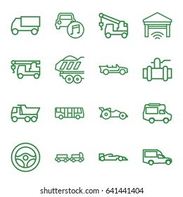 Auto icons set. set of 16 auto outline icons such as airport bus, truck with luggage, truck, truck with hook, pump, van, cargo trailer, car music, cabriolet, garage, car