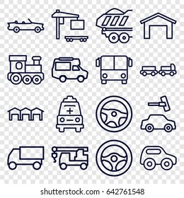 Auto icons set. set of 16 auto outline icons such as airport bus, truck with luggage, garage, toy car, train toy, car wash, truck, van, cargo trailer, ambulance, car