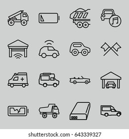 Auto icons set. set of 16 auto outline icons such as toy car, van, cargo trailer, ambulance, car music, battery, low battery, broken battery, garage, car, truck rocket