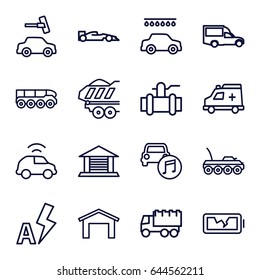 Auto icons set. set of 16 auto outline icons such as garage, car wash, truck, pump, van, cargo trailer, ambulance, car music, broken battery, auto flash