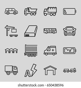Auto icons set. set of 16 auto outline icons such as airport bus, truck with luggage, garage, car, truck, cargo truck, cargo trailer, ambulance, battery, low battery
