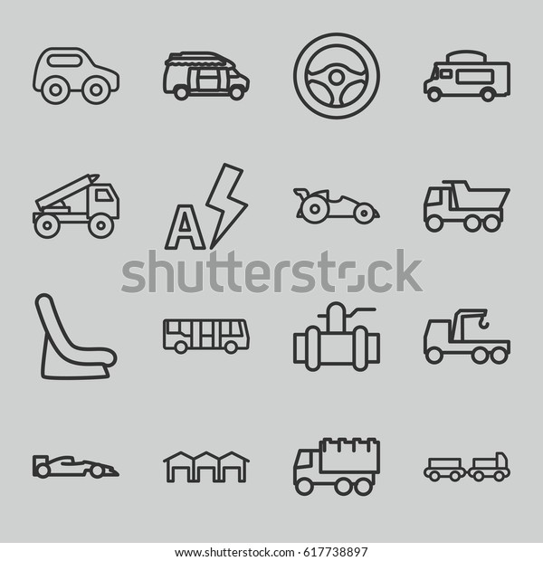 Auto icons set. set of 16 auto outline\
icons such as airport bus, truck with luggage, toy car, baby seat\
in car, truck, pump, van, auto flash,\
garage