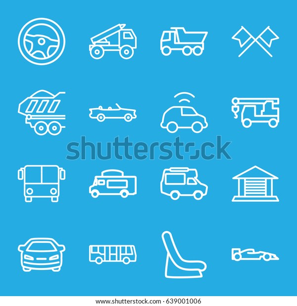 Auto icons set. set of 16\
auto outline icons such as airport bus, baby seat in car, car,\
truck, truck with hook, van, cargo trailer, garage, truck rocket,\
sport car