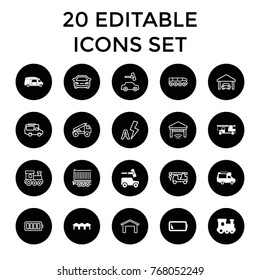 Auto icons. set of 20 editable filled and outline auto icons such as train toy, van, low battery, garage, car wash, car, truck with hook, cargo trailer, ful battery