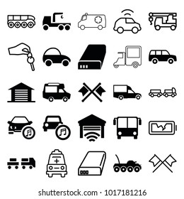 Auto icons. set of 25 editable filled and outline auto icons such as airport bus, truck with hook, van, car music, battery, garage, crossed flags, military car