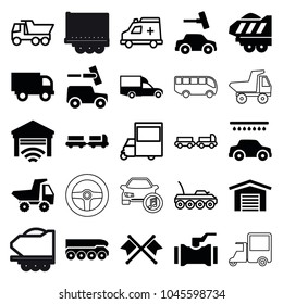 Auto icons. set of 25 editable filled and outline auto icons such as truck with luggage, car wash, truck, van, cargo trailer, garage, crossed flags, weapon truck, ambulance