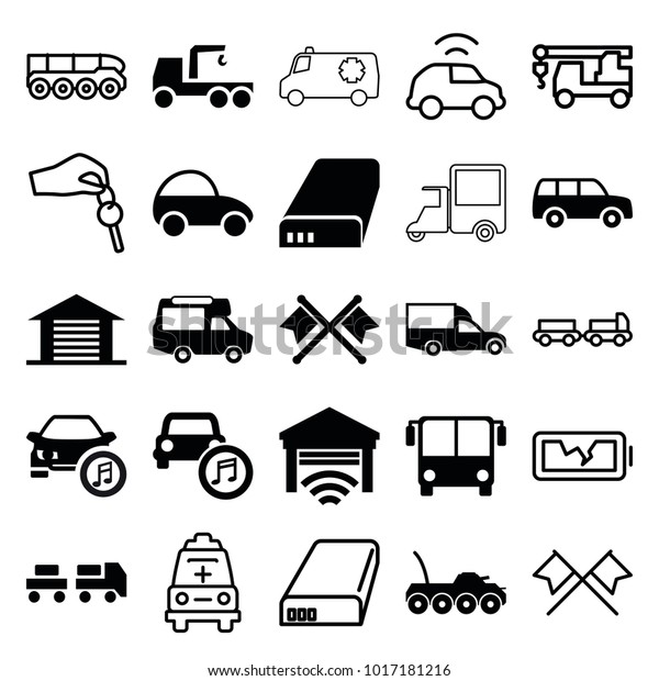 Auto icons. set of 25\
editable filled and outline auto icons such as airport bus, truck\
with hook, van, car music, battery, garage, crossed flags, military\
car