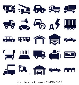 Auto icons set. set of 25 auto filled icons such as airport bus, garage, toy car, car wash, truck, truck with hook, pump, van, cargo truck, cargo trailer, cabriolet