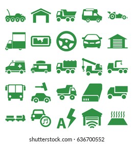 Auto icons set. set of 25 auto filled icons such as airport bus, truck with luggage, garage, toy car, car wash, truck, truck with hook, van, ambulance, battery, broken battery