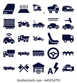 Auto icons set. set of 25 auto filled icons such as toy car, baby seat in car, car wash, truck, van, cargo truck, cabriolet, battery, auto flash, garage, steering wheel