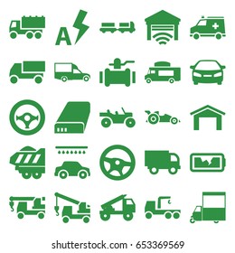 Auto icons set. set of 25 auto filled icons such as truck with luggage, garage, car wash, car, truck, pump, van, cargo trailer, ambulance, battery, broken battery, auto flash