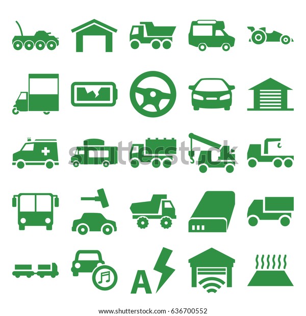 Auto icons set.\
set of 25 auto filled icons such as airport bus, truck with\
luggage, garage, toy car, car wash, truck, truck with hook, van,\
ambulance, battery, broken\
battery