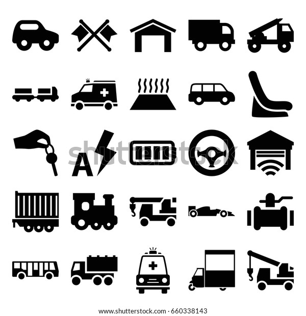 Auto icons set. set\
of 25 auto filled icons such as airport bus, truck with luggage,\
garage, toy car, train toy, baby seat in car, truck, pump, van,\
cargo trailer, ambulance
