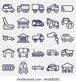 Auto icons set. set of 25 auto outline icons such as airport bus, garage, toy car, baby seat in car, truck, truck with hook, van, ambulance, ful battery, low battery