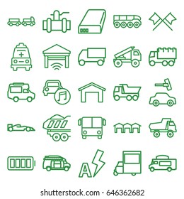 Auto icons set. set of 25 auto outline icons such as airport bus, truck with luggage, garage, toy car, car wash, truck, pump, van, cargo trailer, ambulance, battery