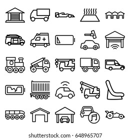 Auto icons set. set of 25 auto outline icons such as garage, train toy, baby seat in car, car wash, truck, truck with hook, van, cargo trailer, ambulance, low battery