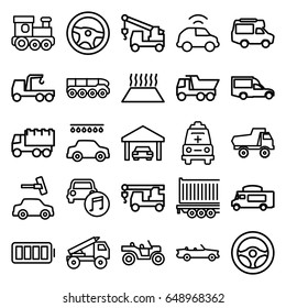 Auto icons set. set of 25 auto outline icons such as train toy, toy car, car wash, truck, truck with hook, van, cargo trailer, ambulance, ful battery, garage, steering wheel